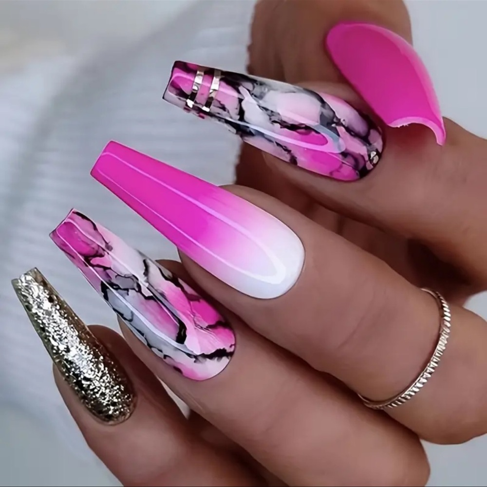 Press-On Nails, NIB, Pink, Black & White, Long Coffin, Party Ready Instantly